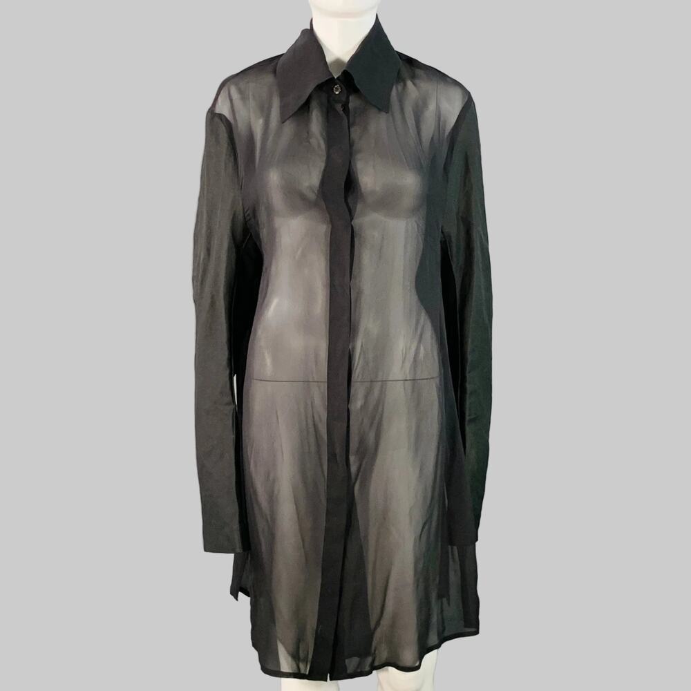 ANN DEMEULEMEESTER S Black Linen Blend Striped Layered Double Breasted Trench - Picture 3 of 10